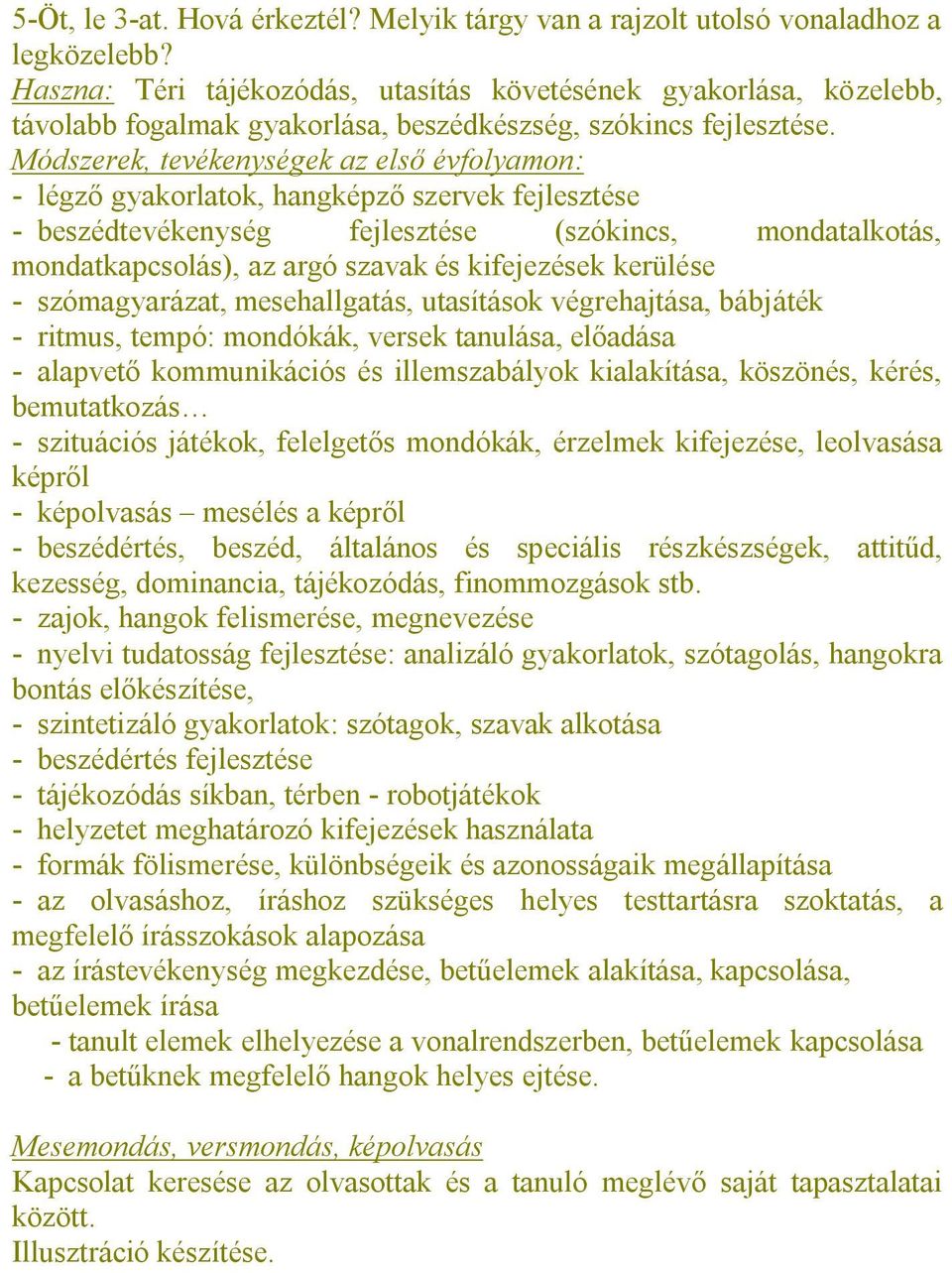 Módszerek, tevékenységek az első évfolyamon: - légző gyakorlatok, hangképző szervek fejlesztése - beszédtevékenység fejlesztése (szókincs, mondatalkotás, mondatkapcsolás), az argó szavak és