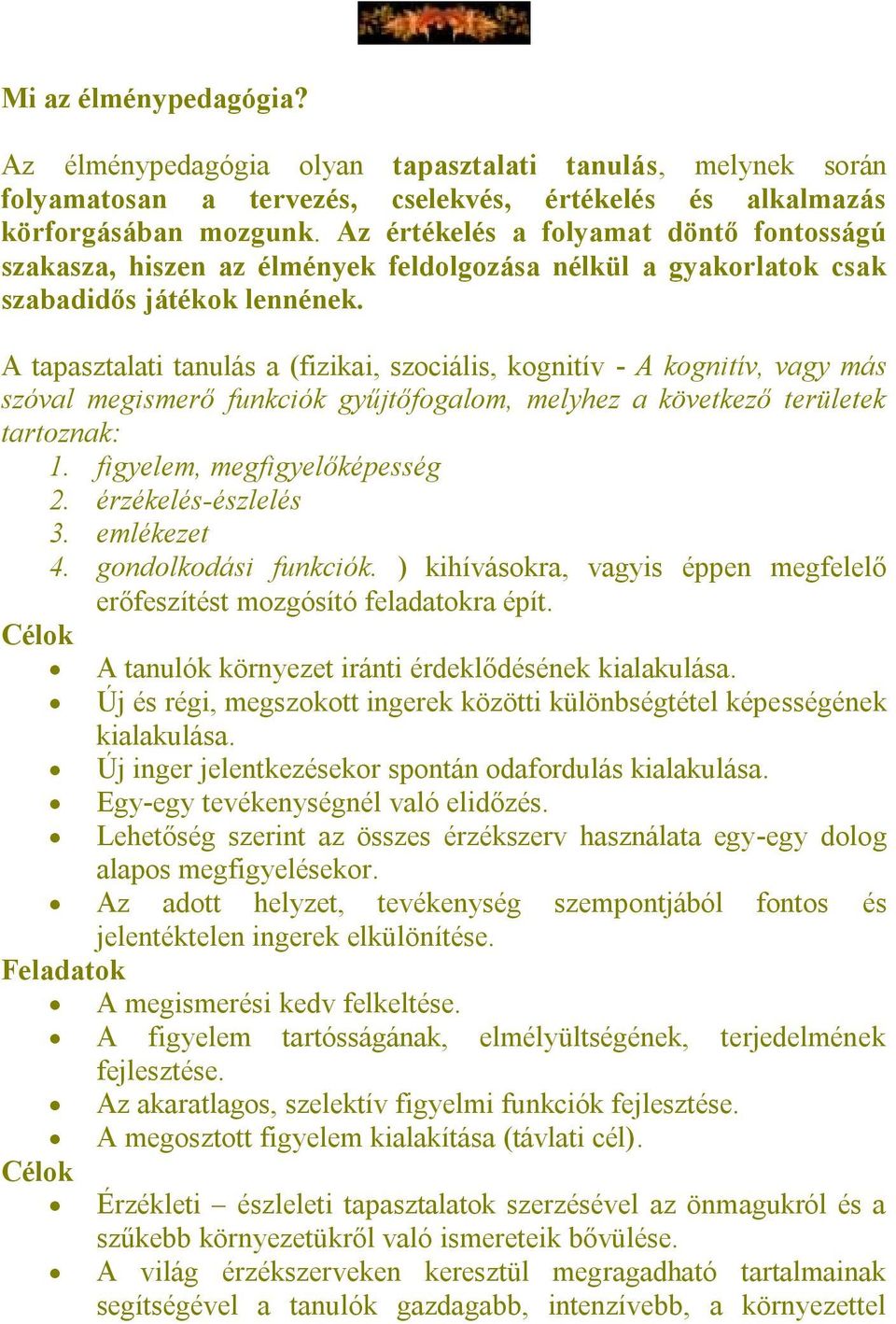 A tapasztalati tanulás a (fizikai, szociális, kognitív - A kognitív, vagy más szóval megismerő funkciók gyűjtőfogalom, melyhez a következő területek tartoznak: 1. figyelem, megfigyelőképesség 2.