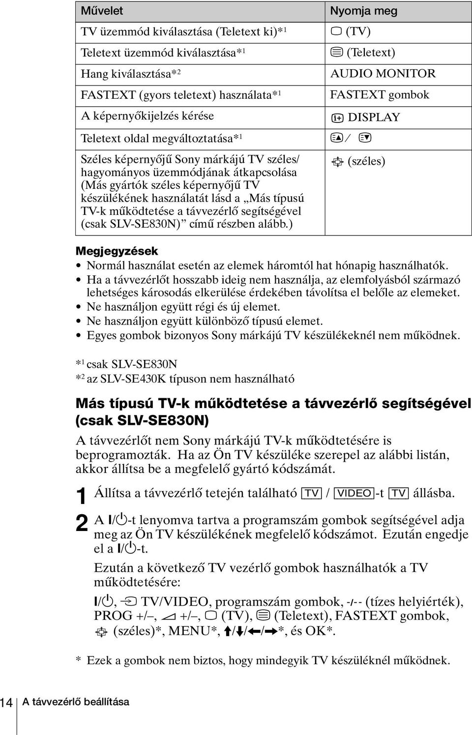 készülékének használatát lásd a Más típusú TV-k működtetése a távvezérlő segítségével (csak SLV-SE830N) című részben alább.