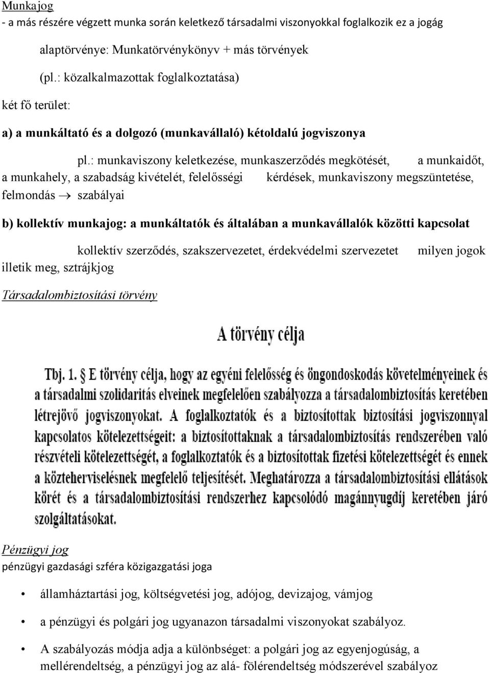 : munkaviszony keletkezése, munkaszerződés megkötését, a munkaidőt, a munkahely, a szabadság kivételét, felelősségi kérdések, munkaviszony megszüntetése, felmondás szabályai b) kollektív munkajog: a