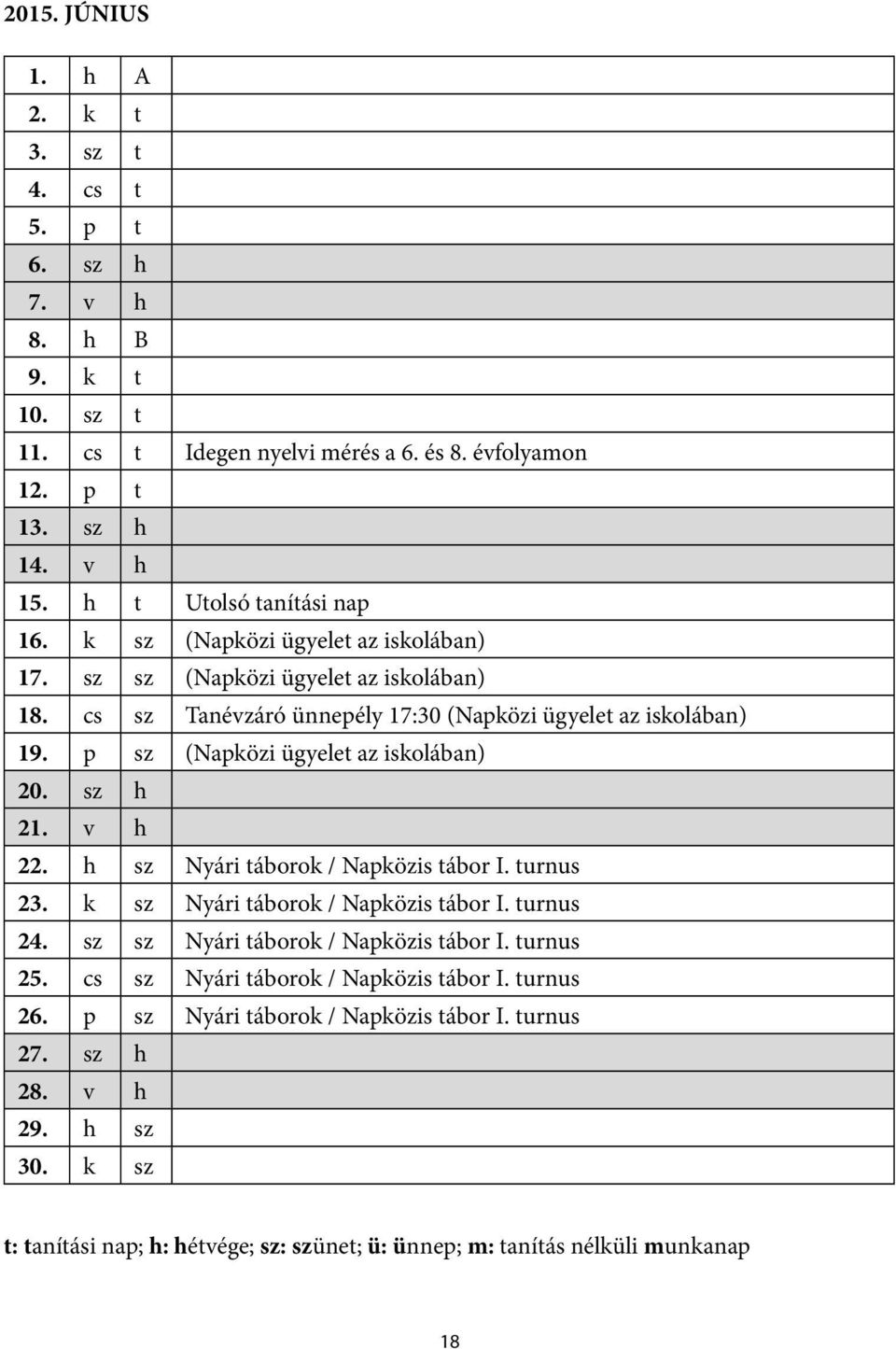 p sz (Napközi ügyelet az iskolában) 20. sz h 21. v h 22. h sz Nyári táborok / Napközis tábor I. turnus 23. k sz Nyári táborok / Napközis tábor I. turnus 24.