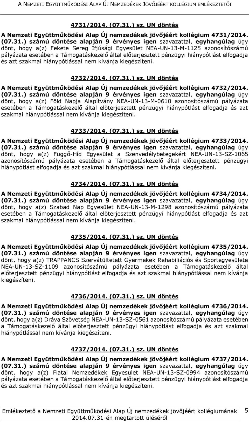 nem kívánja kiegészíteni. 4732/2014. (07.31.) sz. UN döntés A Nemzeti Együttműködési Alap Új nemzedékek jövőjéért kollégium 4732/2014.