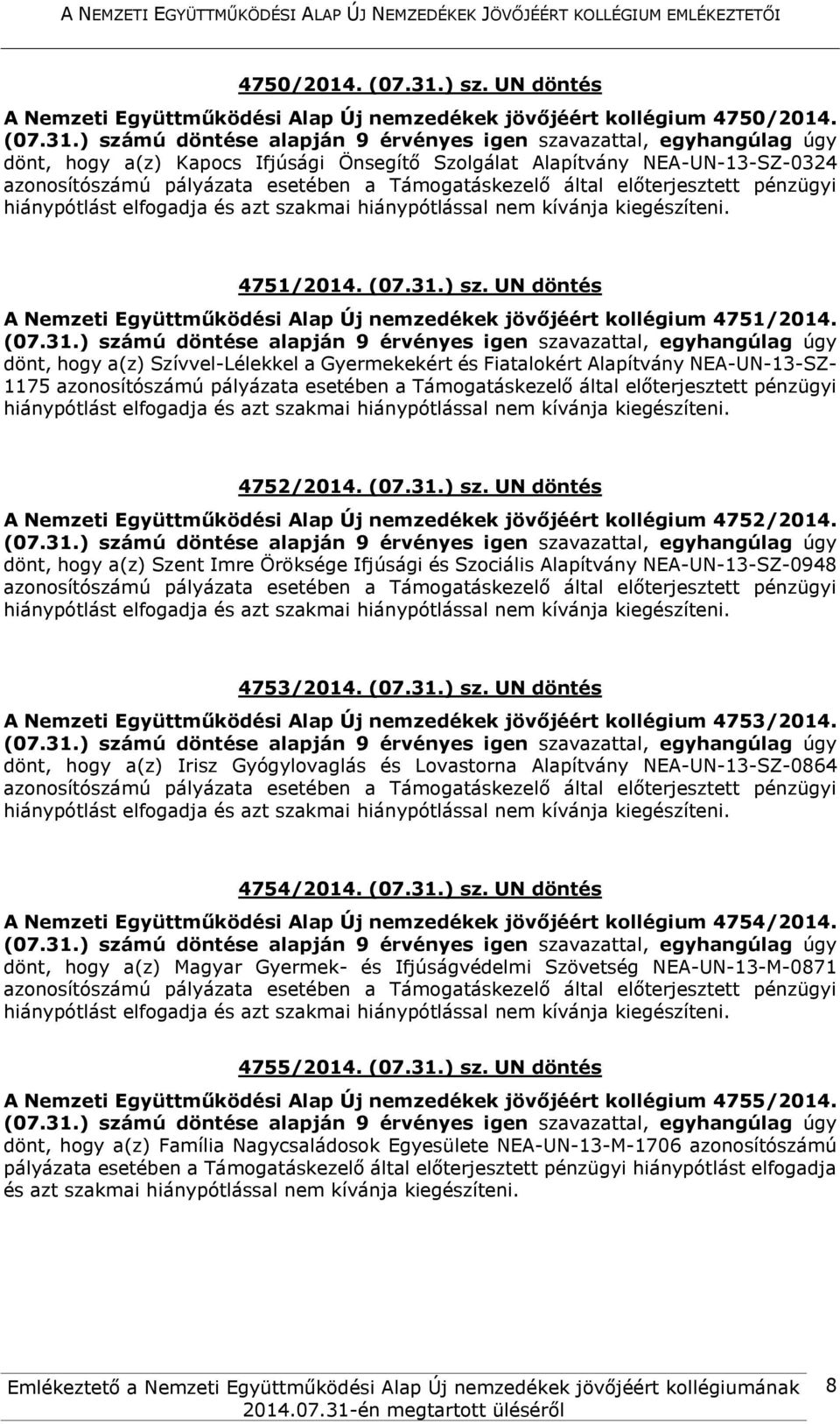 dönt, hogy a(z) Szívvel-Lélekkel a Gyermekekért és Fiatalokért Alapítvány NEA-UN-13-SZ- 1175 4752/2014. (07.31.) sz.