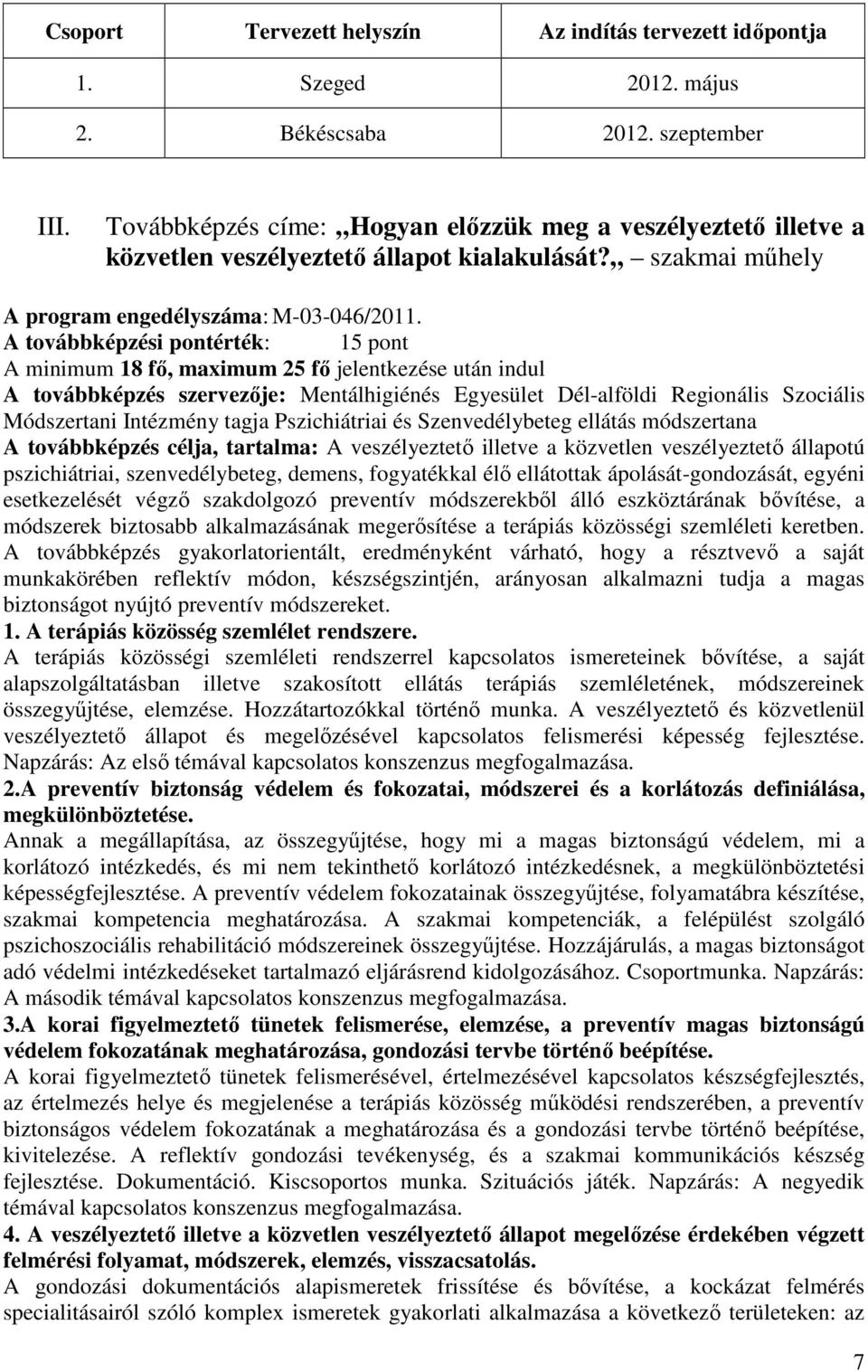 A továbbképzési pontérték: 15 pont A minimum 18 fő, maximum 25 fő jelentkezése után indul A továbbképzés szervezője: Mentálhigiénés Egyesület Dél-alföldi Regionális Szociális Módszertani Intézmény