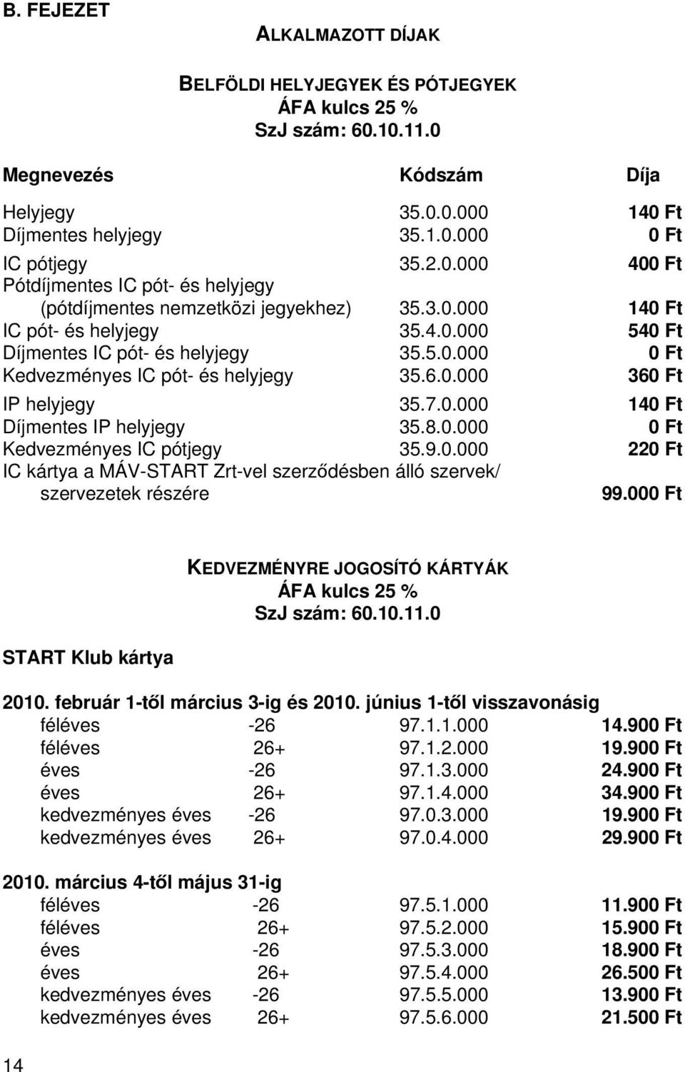 8.0.000 0 Ft Kedvezményes IC pótjegy 35.9.0.000 220 Ft IC kártya a MÁV-START Zrt-vel szerződésben álló szervek/ szervezetek részére 99.