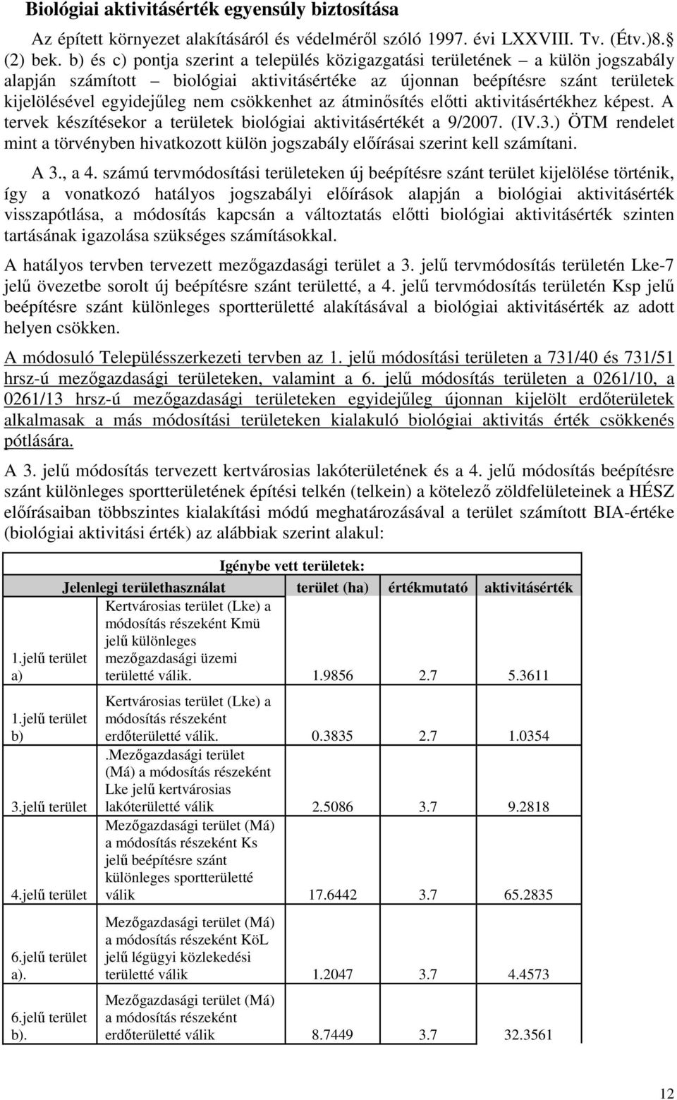 csökkenhet az átminősítés előtti aktivitásértékhez képest. A tervek készítésekor a területek biológiai aktivitásértékét a 9/2007. (IV.3.