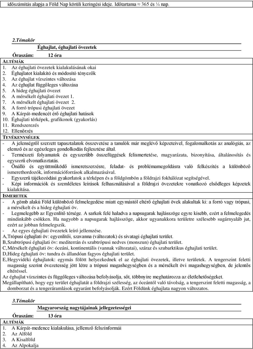 A mérsékelt éghajlati övezet 2. 8. A forró trópusi éghajlati övezet 9. A Kárpát-medencét érő éghajlati hatások 10. Éghajlati térképek, grafikonok (gyakorlás) 11. Rendszerezés 12.