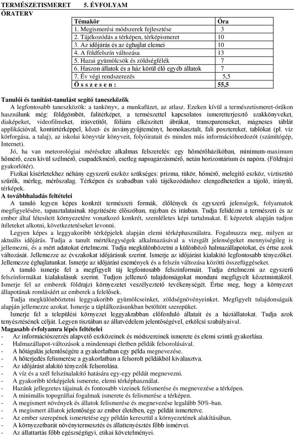 Év végi rendszerezés 5,5 Összesen: 55,5 Tanulói és tanítást-tanulást segítő taneszközök A legfontosabb taneszközök: a tankönyv, a munkafüzet, az atlasz.