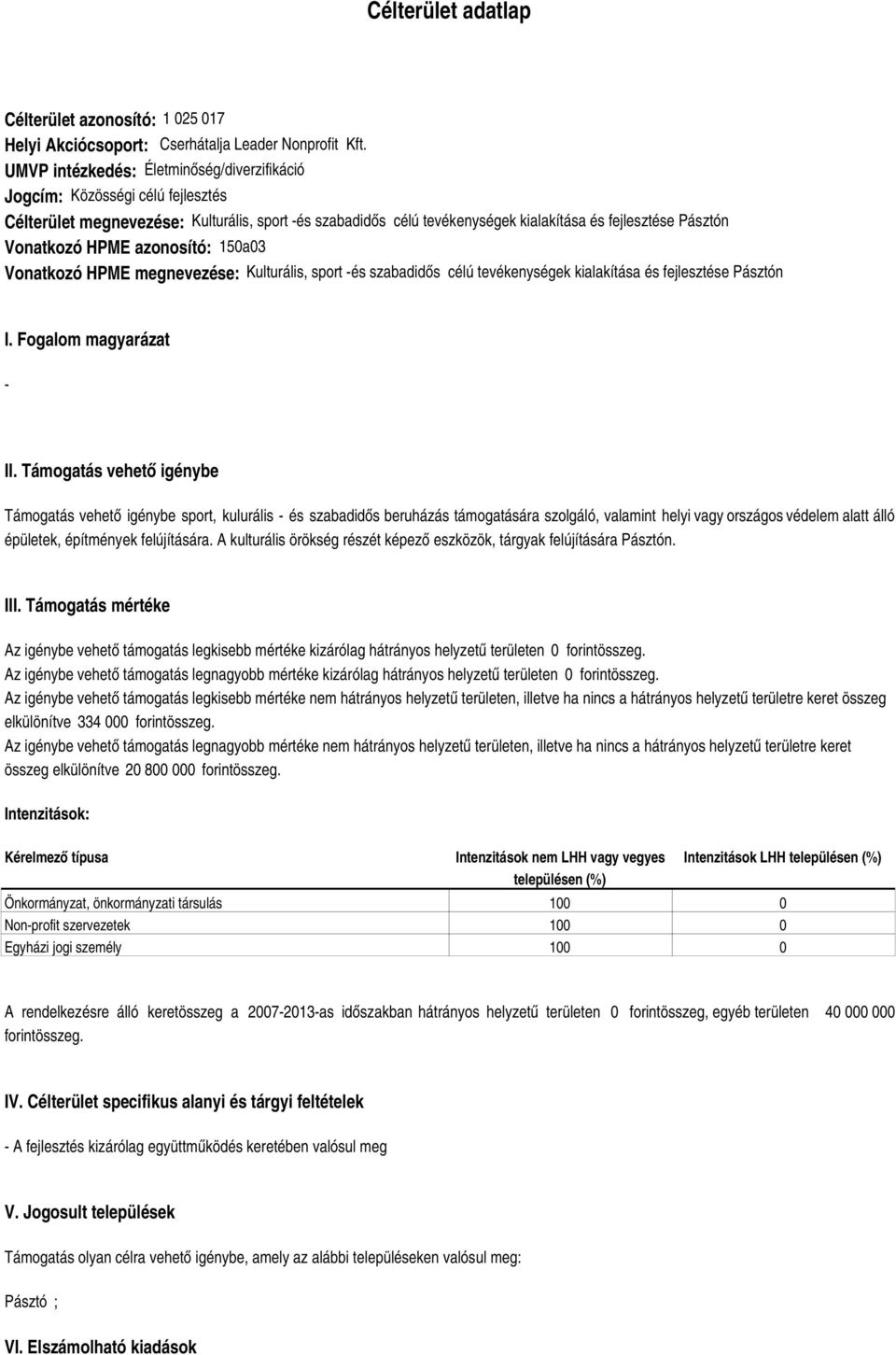 HPME azonosító: 150a03 Vonatkozó HPME megnevezése: Kulturális, sport és szabadidős célú tevékenységek kialakítása és fejlesztése Pásztón I. Fogalom magyarázat II.