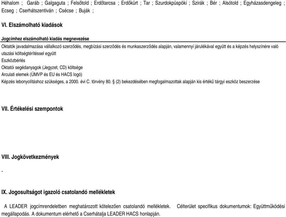 helyszínére való utazási költségtérítéssel együtt Eszközbérlés Oktatói segédanyagok (Jegyzet, CD) költsége Arculati elemek (ÚMVP és EU és HACS logó) Képzés lebonyolításhoz szükséges, a 00. évi C.