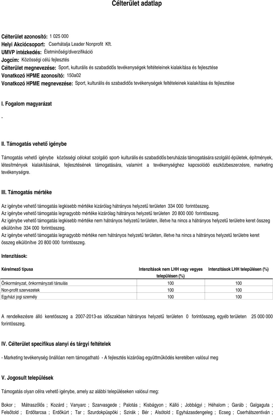 HPME azonosító: 150a02 Vonatkozó HPME megnevezése: Sport, kulturális és szabadidős tevékenységek feltételeinek kialakítása és fejlesztése I. Fogalom magyarázat II.