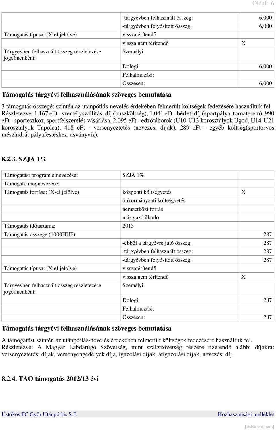 041 eft - bérleti díj (sportpálya, tornaterem), 990 eft - sporteszköz, sportfelszerelés vásárlása, 2.