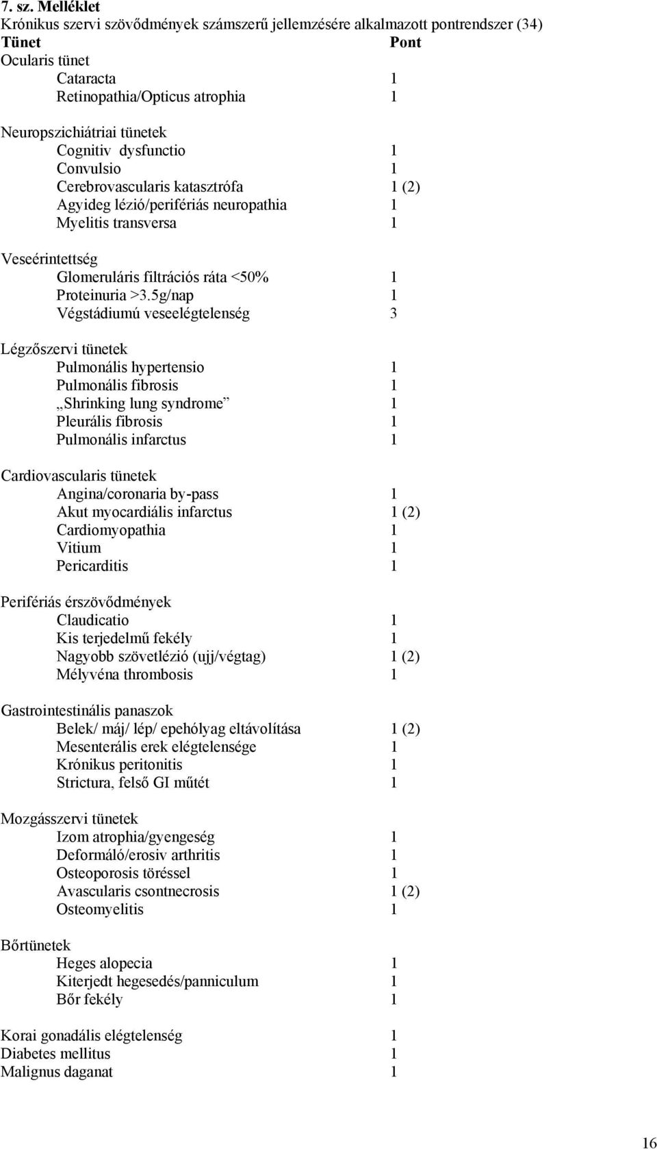 dysfunctio 1 Convulsio 1 Cerebrovascularis katasztrófa 1 (2) Agyideg lézió/perifériás neuropathia 1 Myelitis transversa 1 Veseérintettség Glomeruláris filtrációs ráta <50% 1 Proteinuria >3.