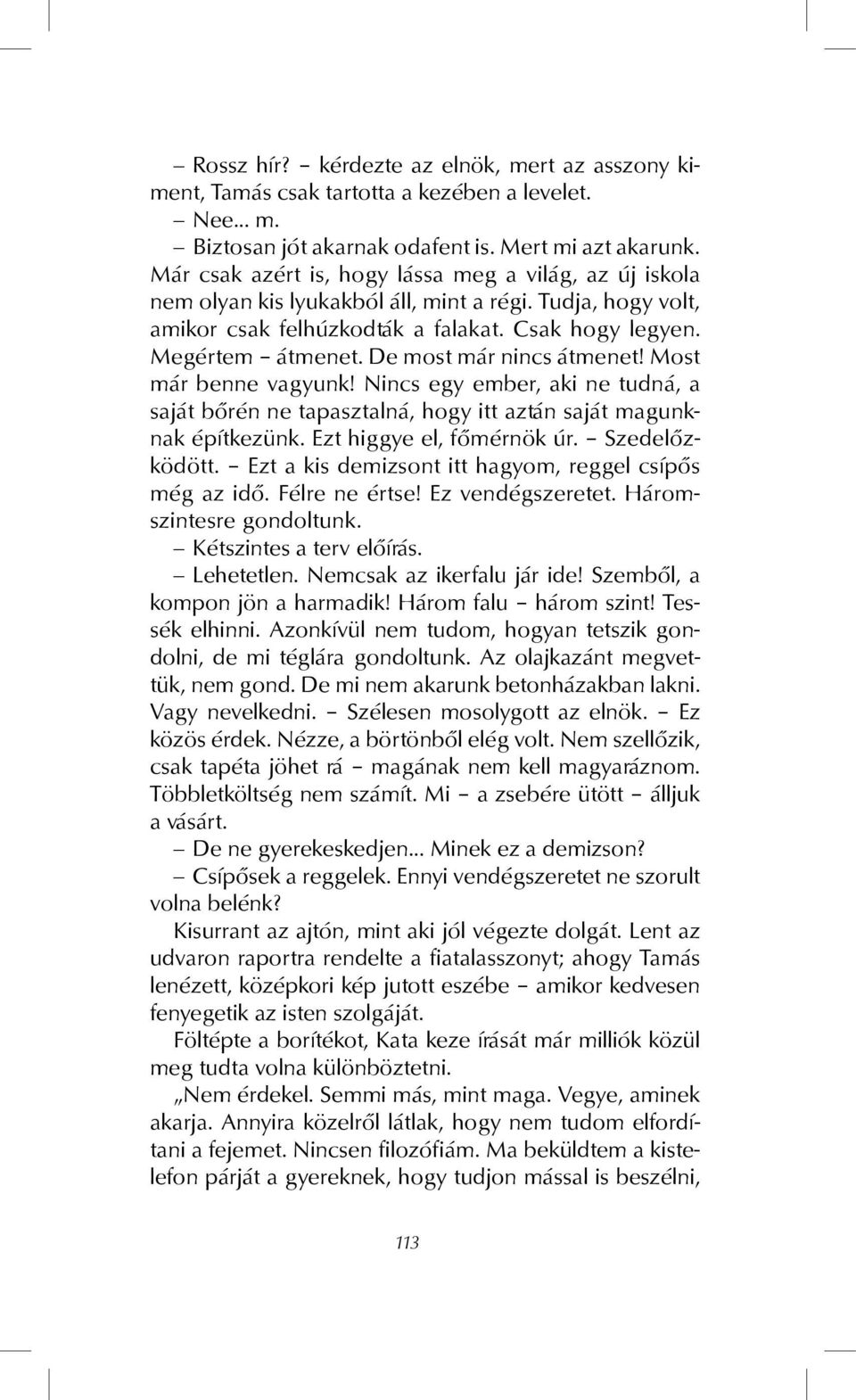 De most már nincs átmenet! Most már benne vagyunk! Nincs egy ember, aki ne tudná, a saját bőrén ne tapasztalná, hogy itt aztán saját magunknak építkezünk. Ezt higgye el, főmérnök úr. Szedelőzködött.