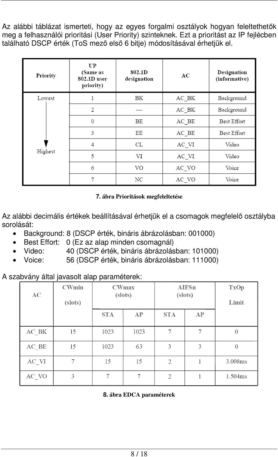 ábra Prioritások megfeleltetése Az alábbi decimális értékek beállításával érhetjük el a csomagok megfelelő osztályba sorolását: Background: 8 (DSCP érték, bináris