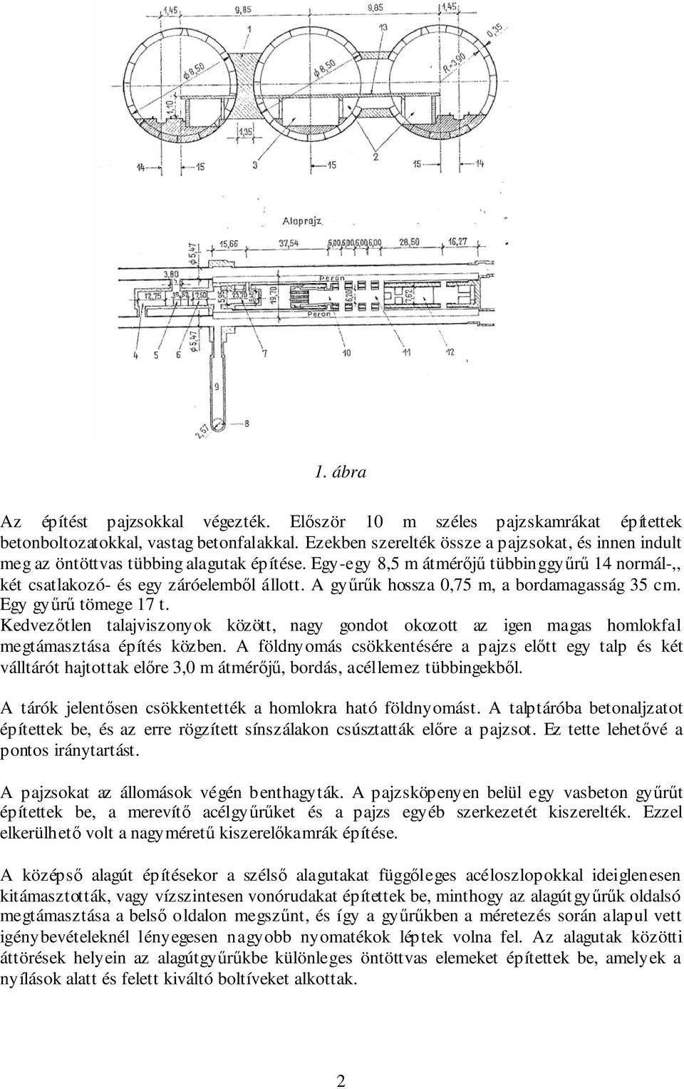 A győrők hossza 0,75 m, a bordamagasság 35 cm. Egy győrő tömege 17 t. Kedvezıtlen talajviszonyok között, nagy gondot okozott az igen magas homlokfal megtámasztása építés közben.