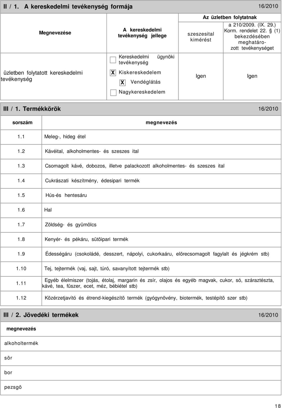 1 Meleg-, hideg étel 1.2 Kávéital, alkoholmentes- és szeszes ital 1.3 Csomagolt kávé, dobozos, illetve palackozott alkoholmentes- és szeszes ital 1.4 Cukrászati készítmény, édesipari termék 1.
