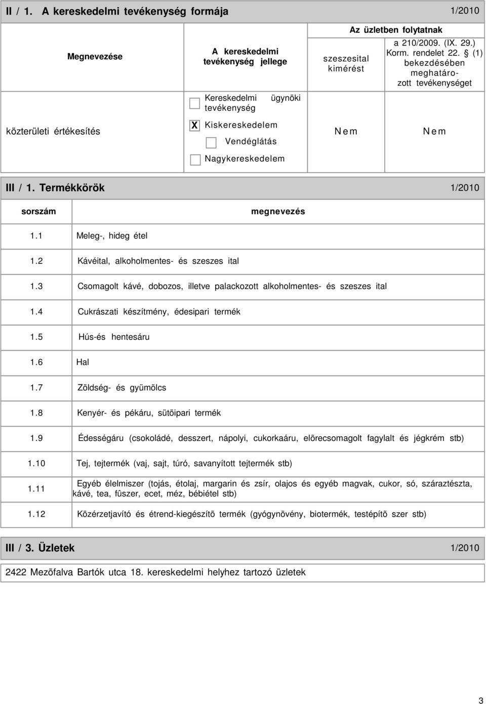2 Kávéital, alkoholmentes- és szeszes ital 1.3 Csomagolt kávé, dobozos, illetve palackozott alkoholmentes- és szeszes ital 1.4 Cukrászati készítmény, édesipari termék 1.5 Hús-és hentesáru 1.6 Hal 1.