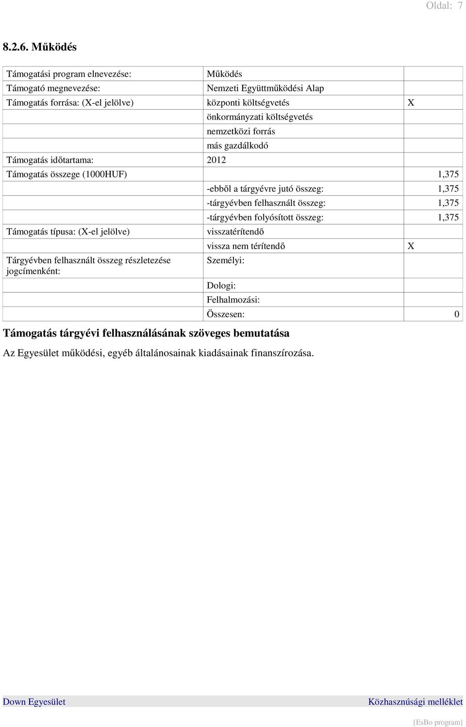 költségvetés Támogatás összege (1000HUF) 1,375 Támogatás típusa: (-el jelölve) -ebből a