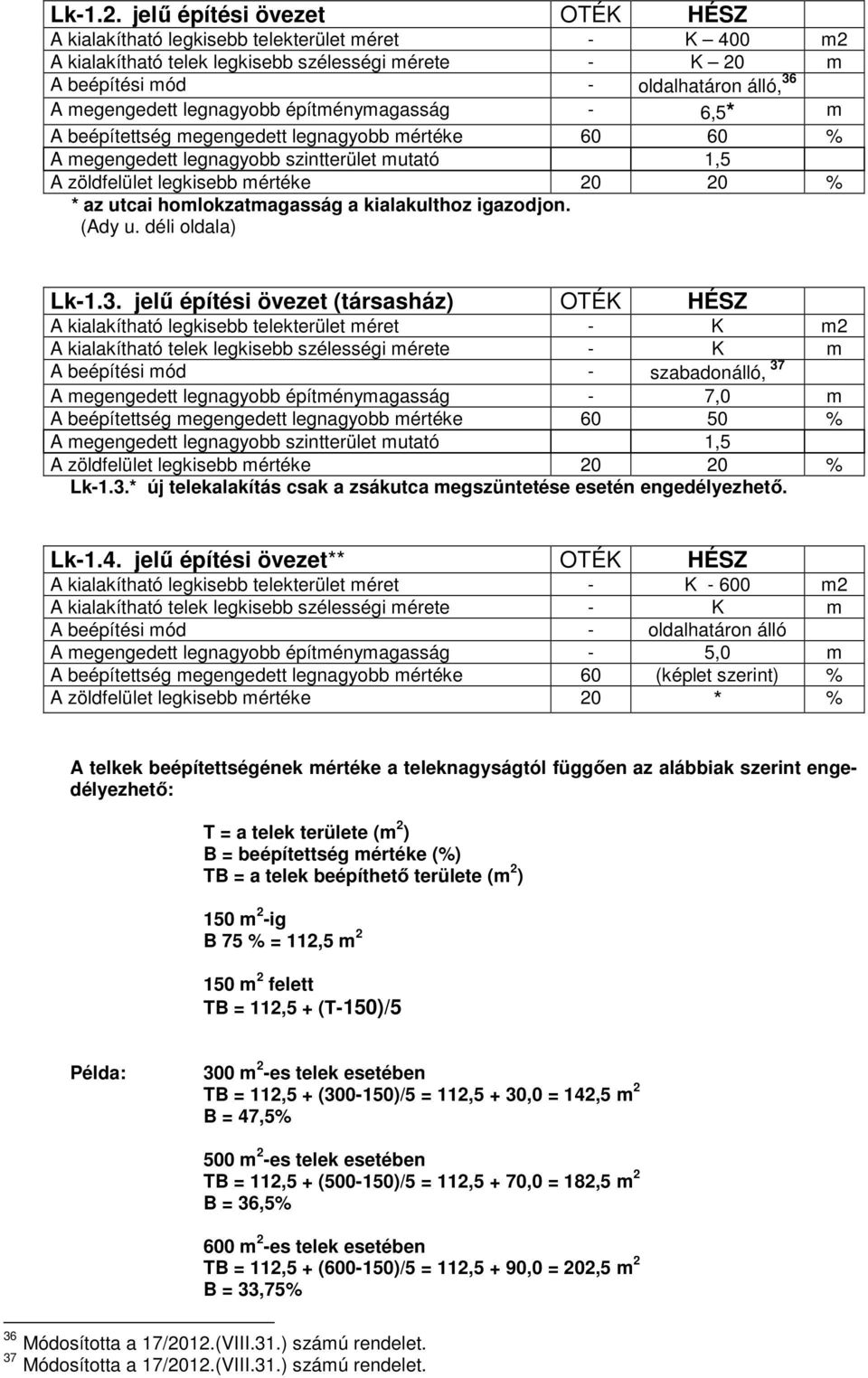 legnagyobb építménymagasság - 6,5* m A beépítettség megengedett legnagyobb mértéke 60 60 % A megengedett legnagyobb szintterület mutató 1,5 A zöldfelület legkisebb mértéke 20 20 % * az utcai