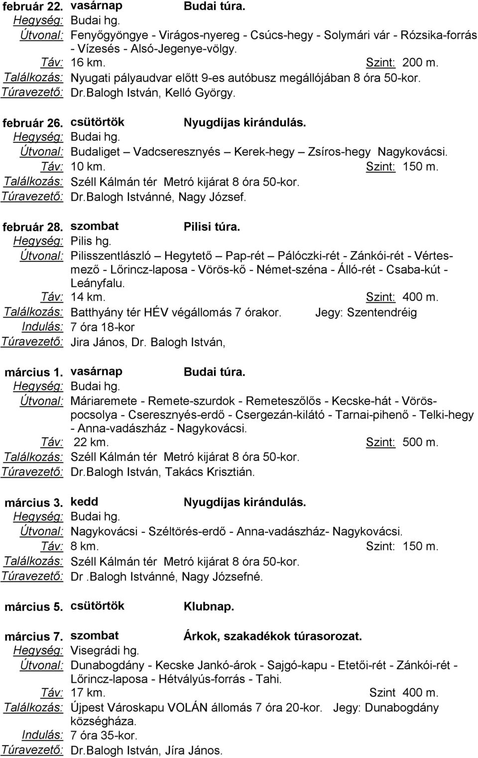 Útvonal: Budaliget Vadcseresznyés Kerek-hegy Zsíros-hegy Nagykovácsi. Táv: 10 km. Szint: 150 m. Túravezető: Dr.Balogh Istvánné, Nagy József. február 28.