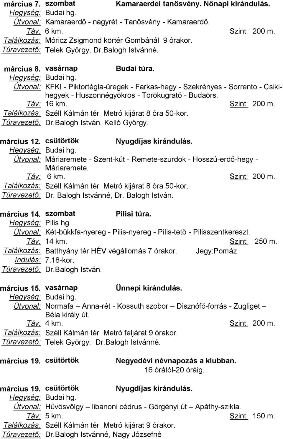 Táv: 16 km. Szint: 200 m. Túravezető: Dr.Balogh István. Kelló György. március 12. csütörtök Nyugdíjas kirándulás. Útvonal: Máriaremete - Szent-kút - Remete-szurdok - Hosszú-erdő-hegy - Máriaremete.