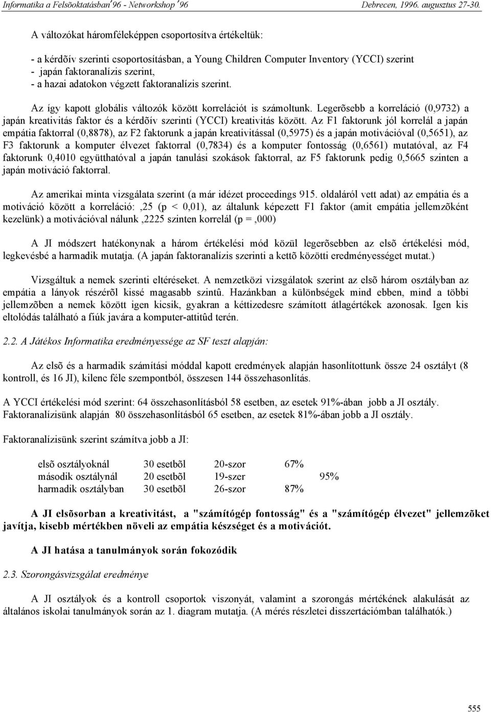 Legerõsebb a korreláció (0,9732) a japán kreativitás faktor és a kérdõív szerinti (YCCI) kreativitás között.