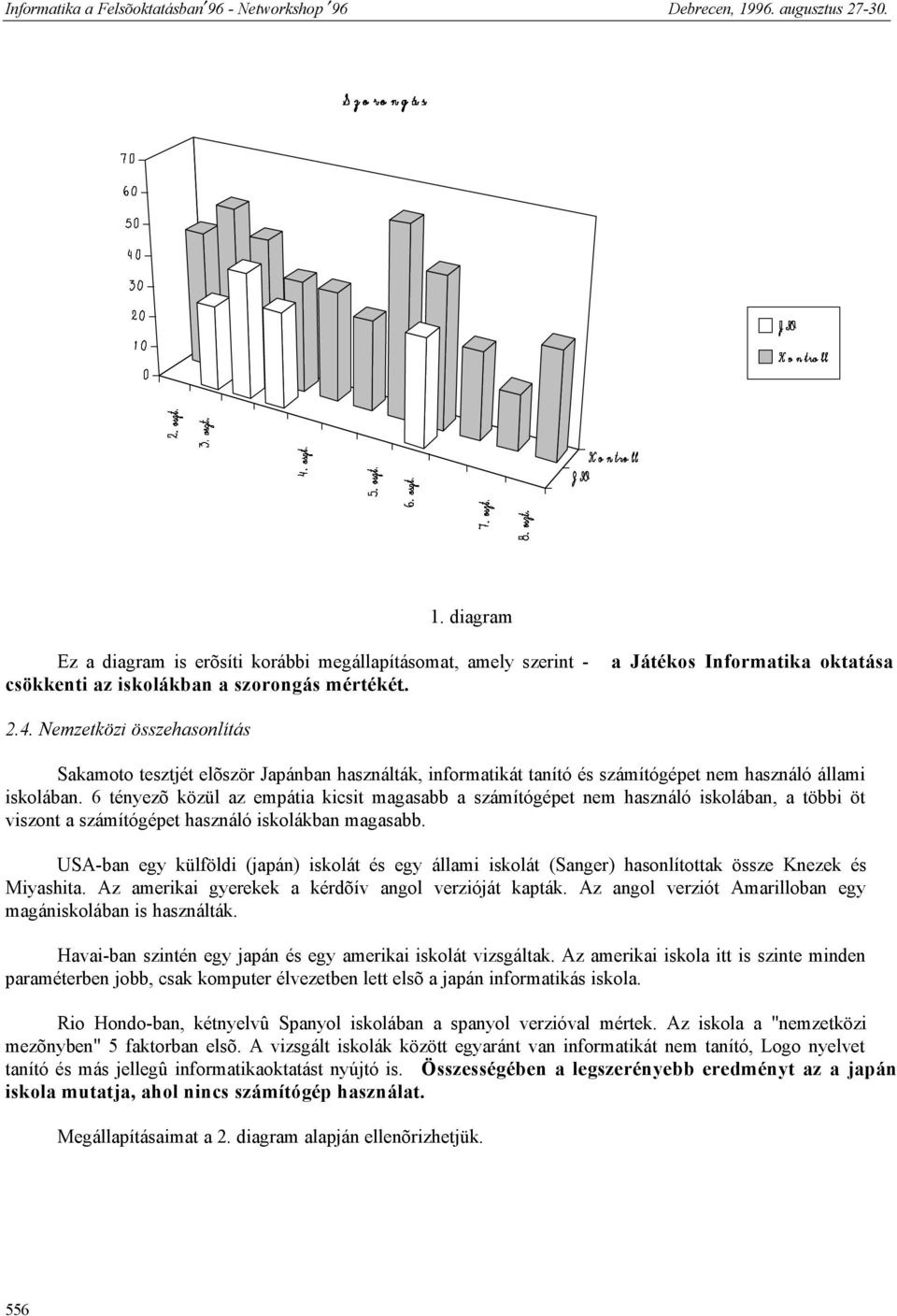 6 tényezõ közül az empátia kicsit magasabb a számítógépet nem használó iskolában, a többi öt viszont a számítógépet használó iskolákban magasabb.