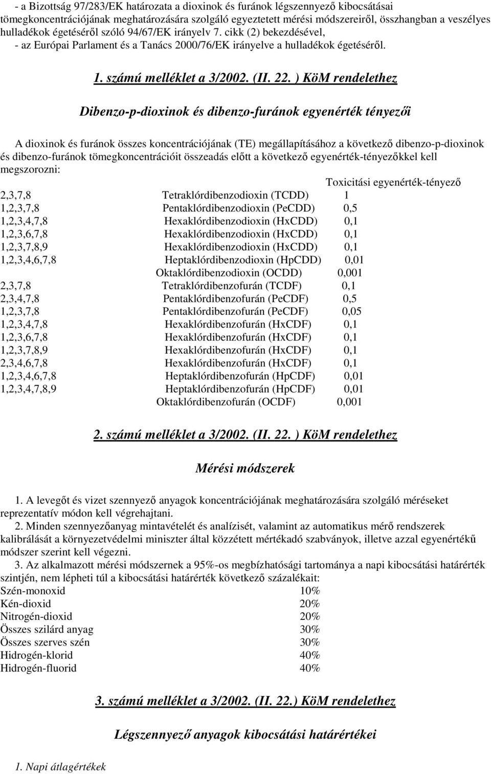 ) KöM rendelethez Dibenzo-p-dioxinok és dibenzo-furánok egyenérték tényezıi A dioxinok és furánok összes koncentrációjának (TE) megállapításához a következı dibenzo-p-dioxinok és dibenzo-furánok