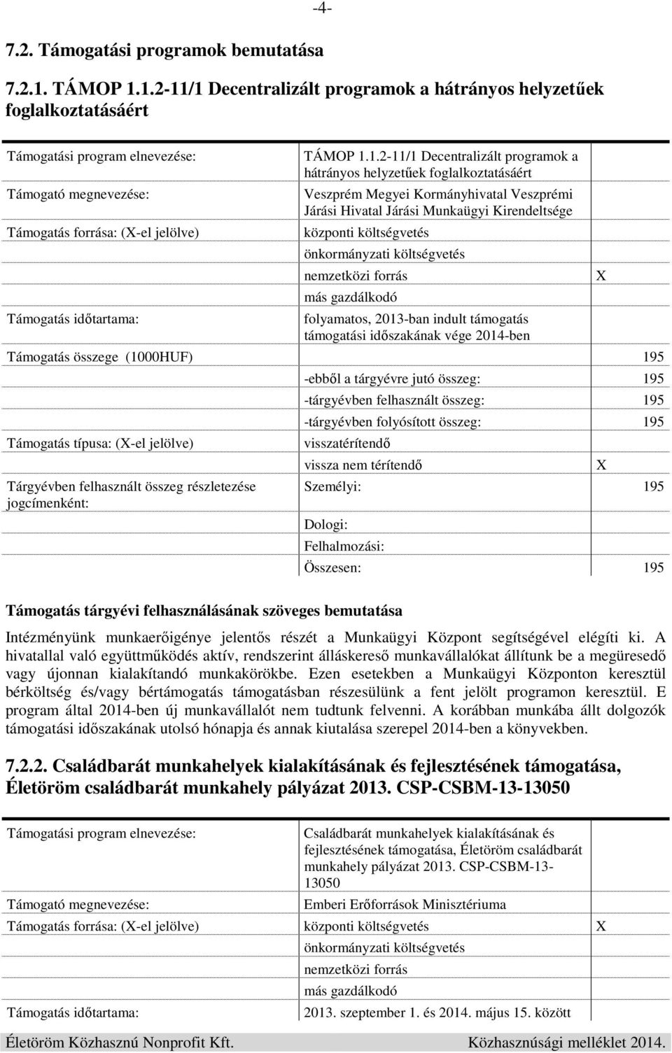 1.2-11/1 Decentralizált programok a hátrányos helyzetűek foglalkoztatásáért -4- Támogatás forrása: (-el jelölve) 1.