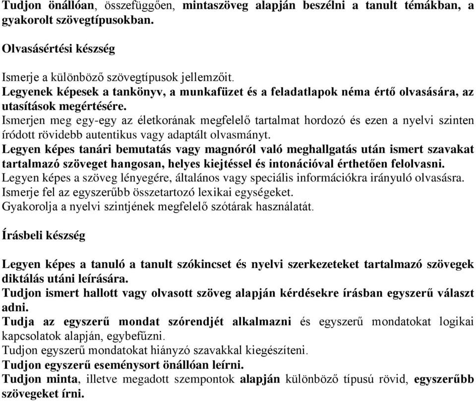 Ismerjen meg egy-egy az életkorának megfelelő tartalmat hordozó és ezen a nyelvi szinten íródott rövidebb autentikus vagy adaptált olvasmányt.