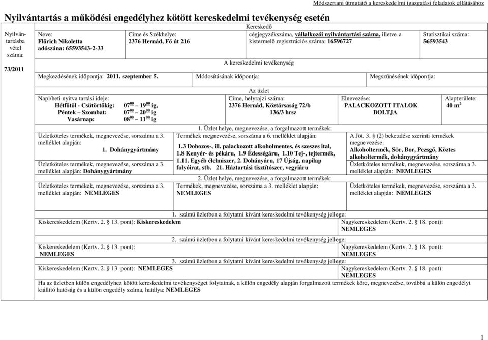 Módosításának Megszőnésének Statisztikai 56593543 Napi/heti nyitva tartási ideje: Hétfıtıl - Csütörtökig: 07 00 19 00 ig, Péntek Szombat: 07 00 20 00 ig Vasárnap: 08 00 11 00 ig melléklet alapján: 1.