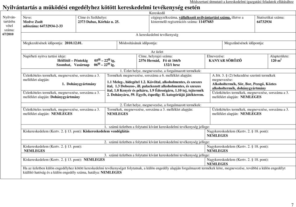 Dohánygyártmány melléklet alapján: Dohánygyártmány Az üzlet Címe, helyrajzi 2376 Hernád, Fı út 166/b 132/1 hrsz 1.