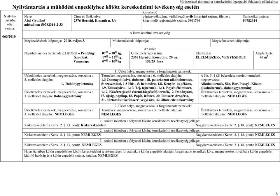 Módosításának Megszőnésének Statisztikai 50782314 Napi/heti nyitva tartási ideje:hétfıtıl Péntekig: 07 00 18 00 ig, Szombat: 07 00 12 00 ig, Vasárnap: 07 00 10 00 ig Az üzlet Címe, helyrajzi 2376