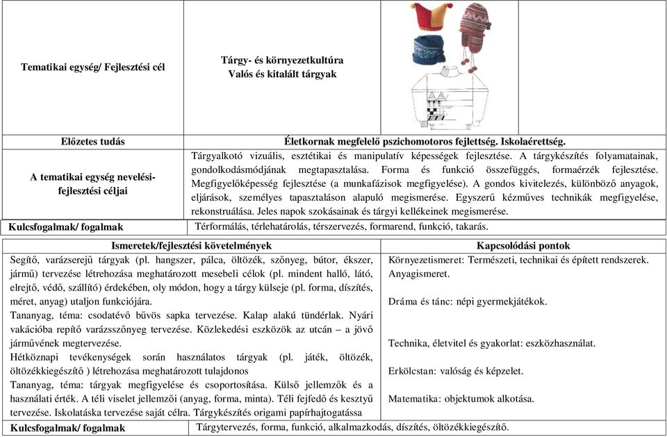 Forma és funkció összefüggés, formaérzék fejlesztése. Megfigyelőképesség fejlesztése (a munkafázisok megfigyelése).