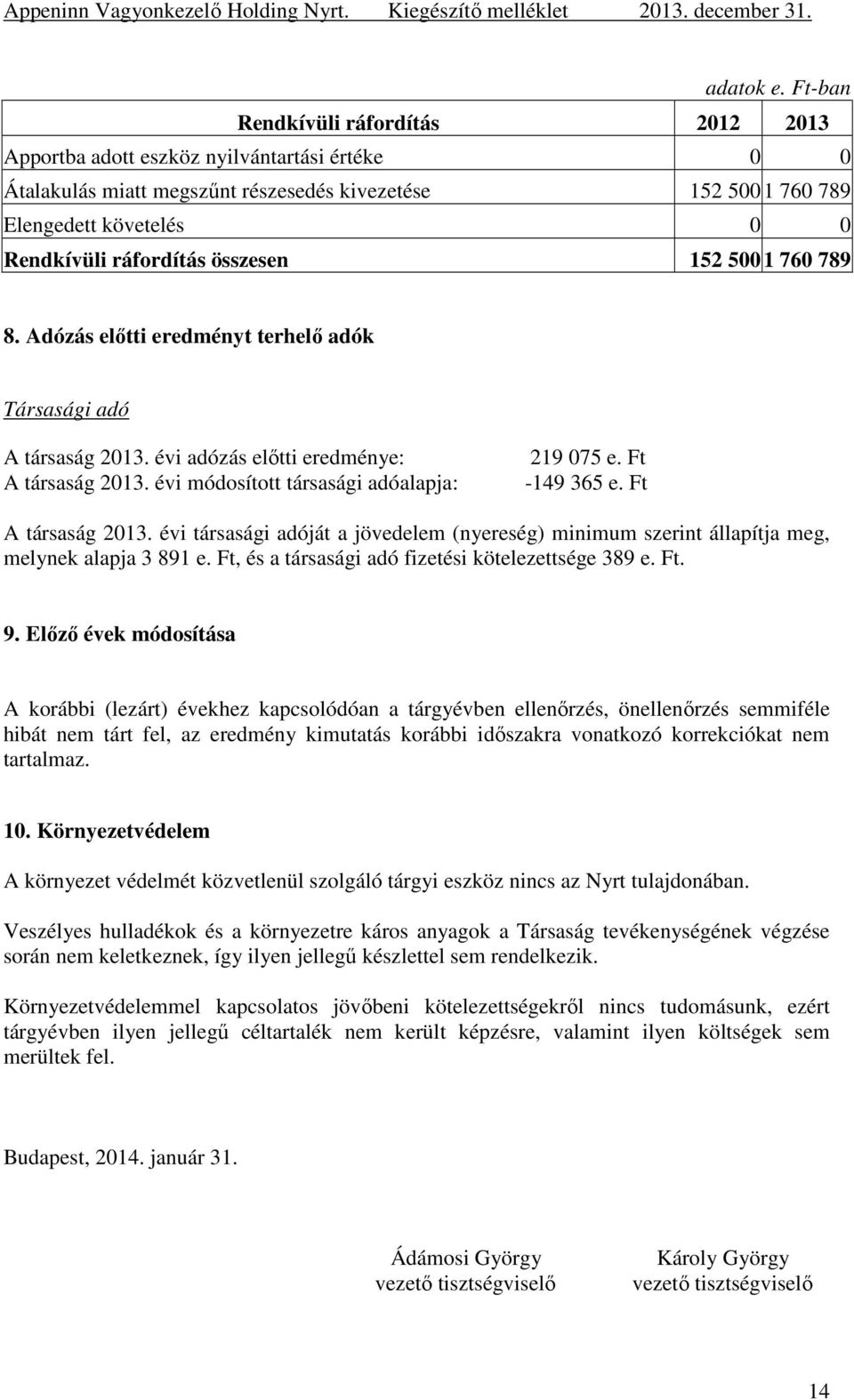 összesen 152 5001 760 789 8. Adózás előtti eredményt terhelő adók Társasági adó A társaság 2013. évi adózás előtti eredménye: A társaság 2013. évi módosított társasági adóalapja: 219 075 e.