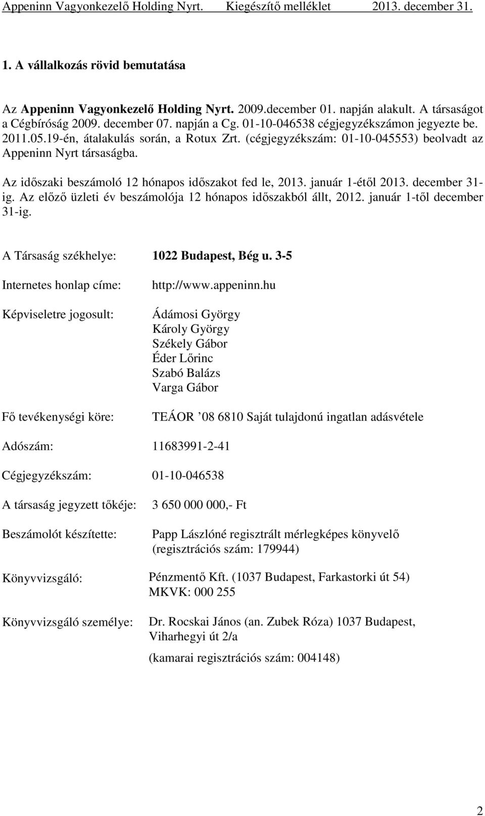 Az időszaki beszámoló 12 hónapos időszakot fed le, 2013. január 1-étől 2013. december 31- ig. Az előző üzleti év beszámolója 12 hónapos időszakból állt, 2012. január 1-től december 31-ig.