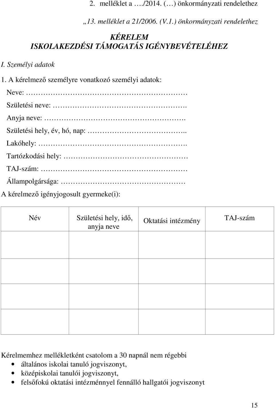 Tartózkodási hely: TAJ-szám: Állampolgársága: A kérelmező igényjogosult gyermeke(i): Név Születési hely, idő, anyja neve Oktatási intézmény TAJ-szám Kérelmemhez