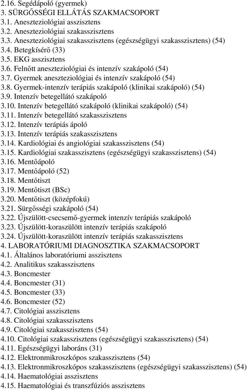 Gyermek-intenzív terápiás szakápoló (klinikai szakápoló) (54) 3.9. Intenzív betegellátó szakápoló 3.10. Intenzív betegellátó szakápoló (klinikai szakápoló) (54) 3.11.