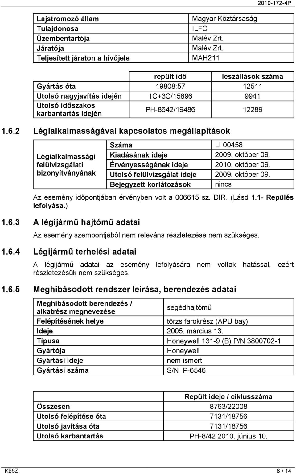 9941 Utolsó időszakos karbantartás idején PH-8642/19486 12289 1.6.2 Légialkalmasságával kapcsolatos megállapítások Légialkalmassági felülvizsgálati bizonyítványának Száma LI 00458 Kiadásának ideje 2009.