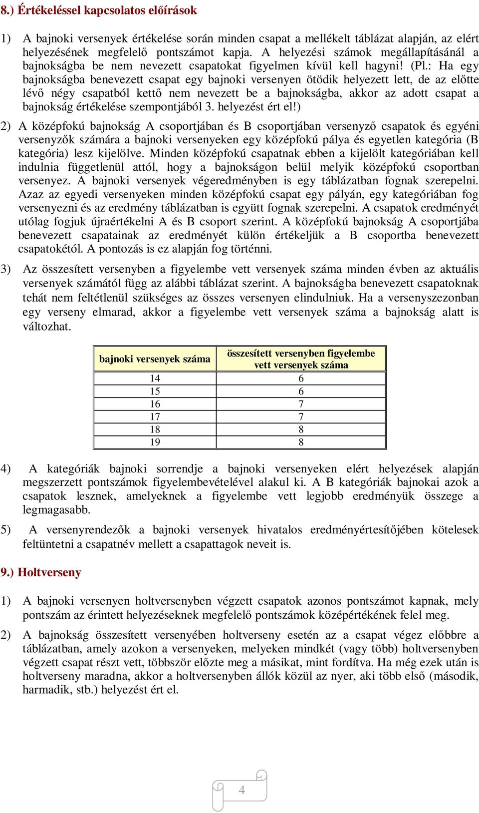 : Ha egy bajnokságba benevezett csapat egy bajnoki versenyen ötödik helyezett lett, de az el tte lév négy csapatból kett nem nevezett be a bajnokságba, akkor az adott csapat a bajnokság értékelése