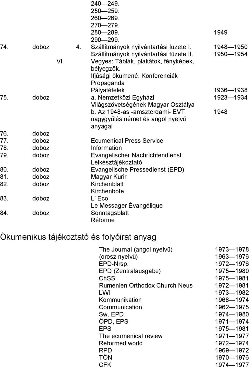 Az 1948-as -amszterdami- EVT nagygyűlés német és angol nyelvű anyagai 76. doboz 77. doboz Ecumenical Press Service 78. doboz Information 79.