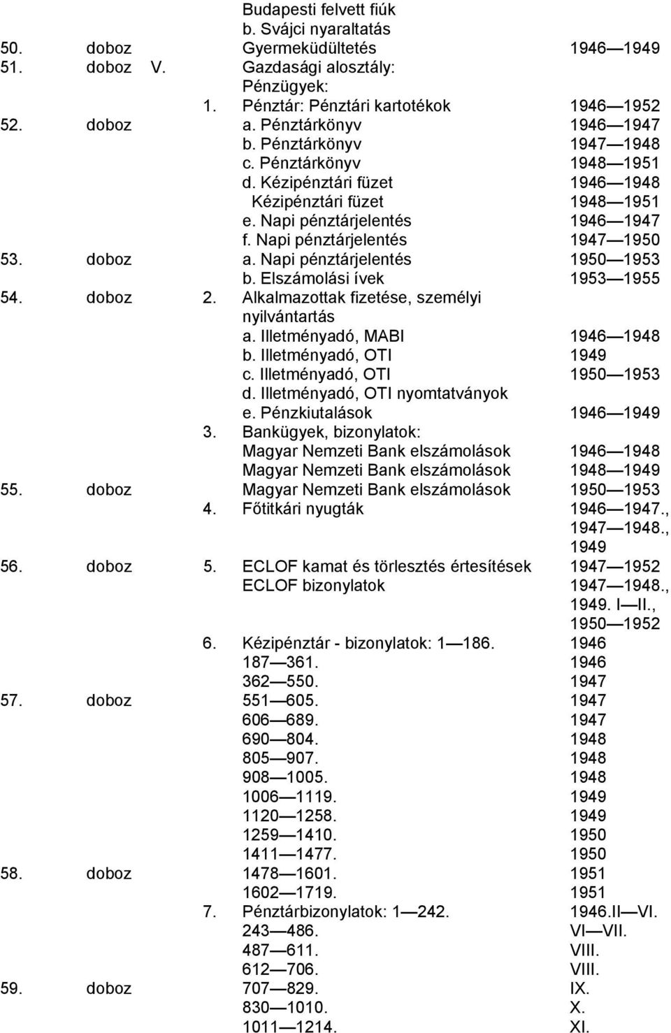 Napi pénztárjelentés 1947 1950 53. doboz a. Napi pénztárjelentés 1950 1953 b. Elszámolási ívek 1953 1955 54. doboz 2. Alkalmazottak fizetése, személyi nyilvántartás a. Illetményadó, MABI 1946 1948 b.