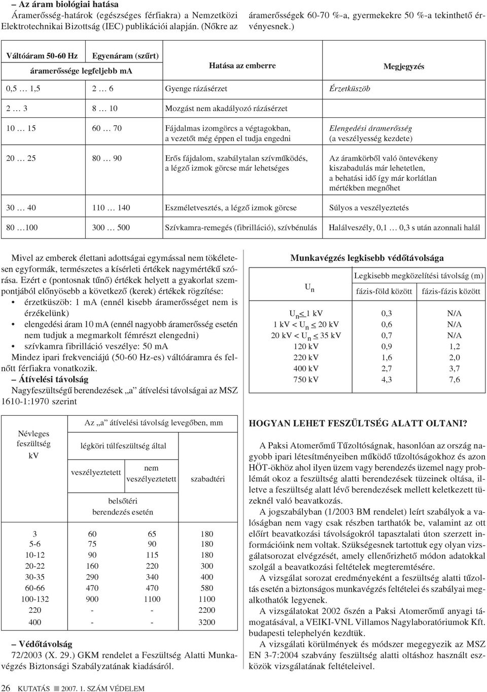 ) Váltóáram 50-60 Hz Egyenáram (szûrt) áramerõssége legfeljebb ma Hatása az emberre Megjegyzés 0,5 1,5 2 6 Gyenge rázásérzet Érzetküszöb 2 3 8 10 Mozgást nem akadályozó rázásérzet 10 15 60 70