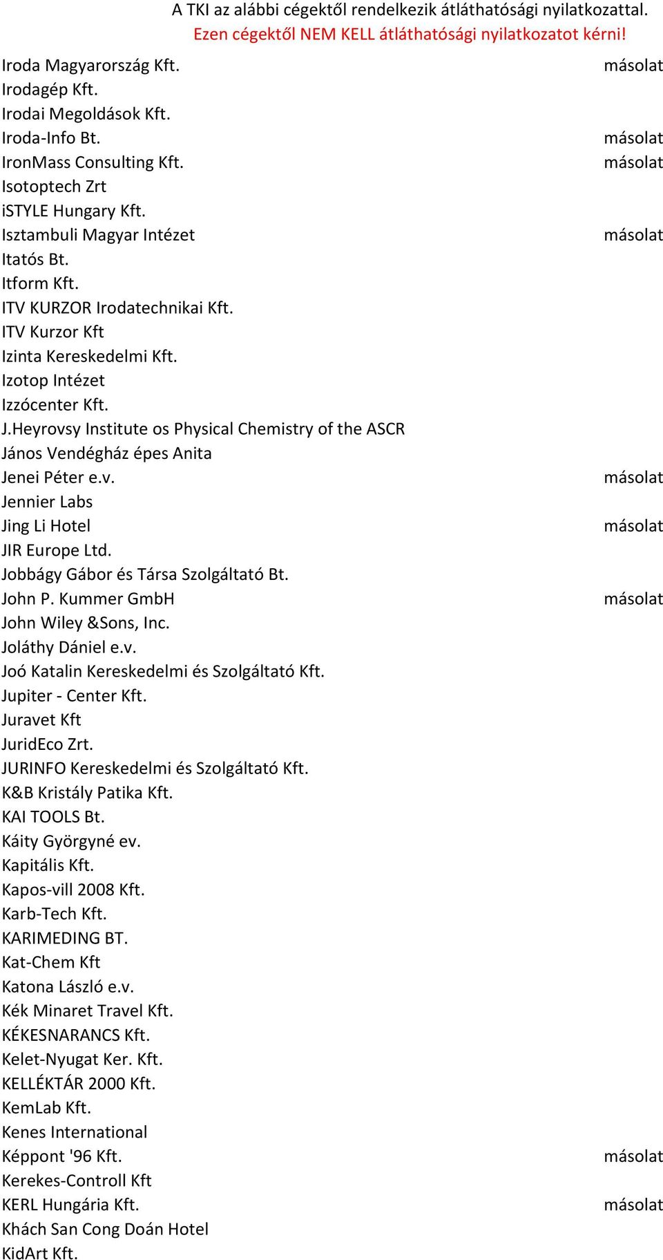 Jobbágy Gábor és Társa Szolgáltató Bt. John P. Kummer GmbH John Wiley &Sons, Inc. Joláthy Dániel e.v. Joó Katalin Kereskedelmi és Szolgáltató Kft. Jupiter - Center Kft. Juravet Kft JuridEco Zrt.