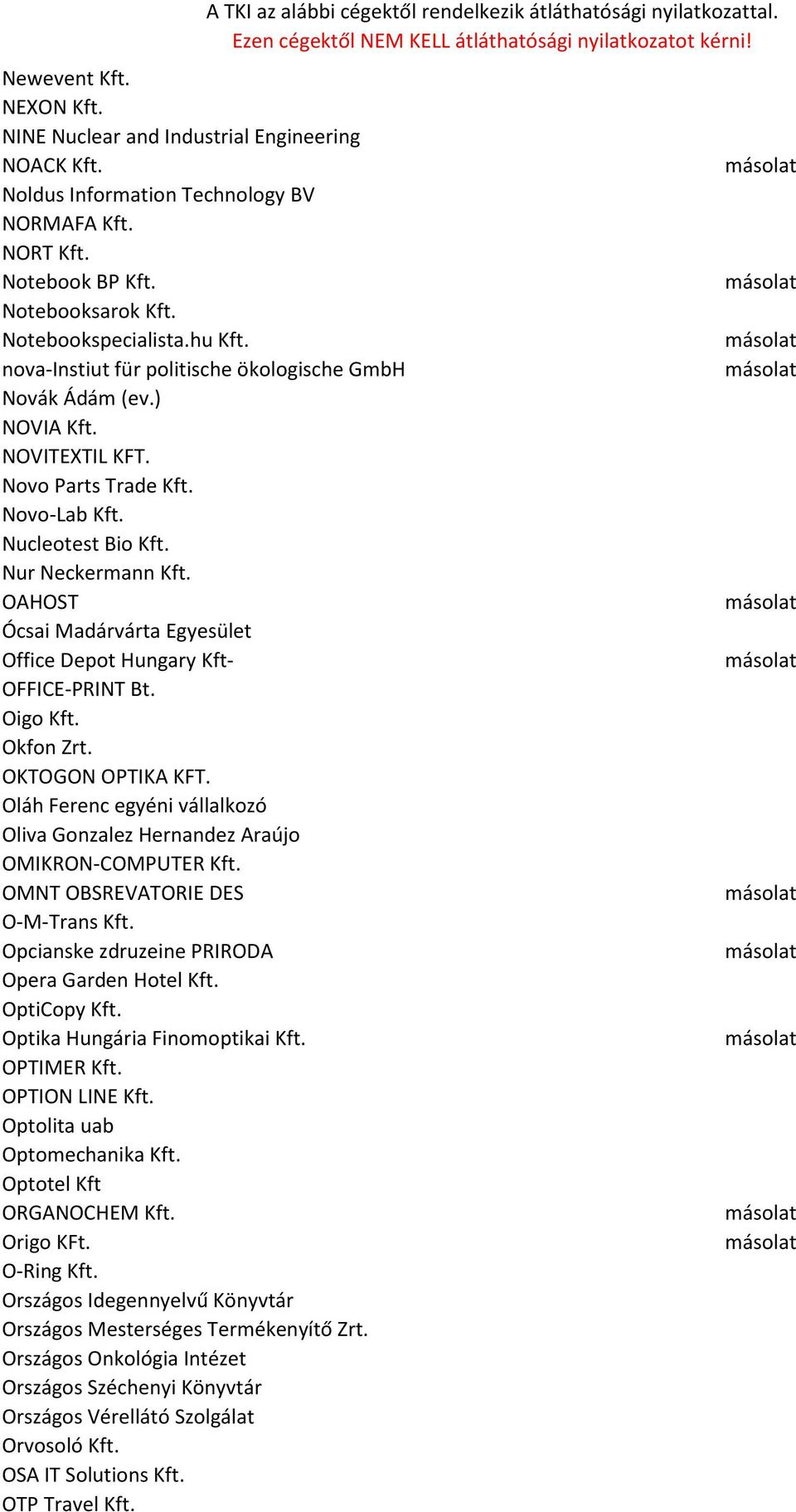 OAHOST Ócsai Madárvárta Egyesület Office Depot Hungary Kft- OFFICE-PRINT Bt. Oigo Kft. Okfon Zrt. OKTOGON OPTIKA KFT.