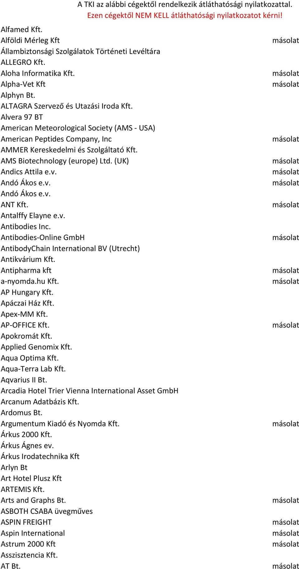 Antalffy Elayne e.v. Antibodies Inc. Antibodies-Online GmbH AntibodyChain International BV (Utrecht) Antikvárium Kft. Antipharma kft a-nyomda.hu Kft. AP Hungary Kft. Apáczai Ház Kft. Apex-MM Kft.