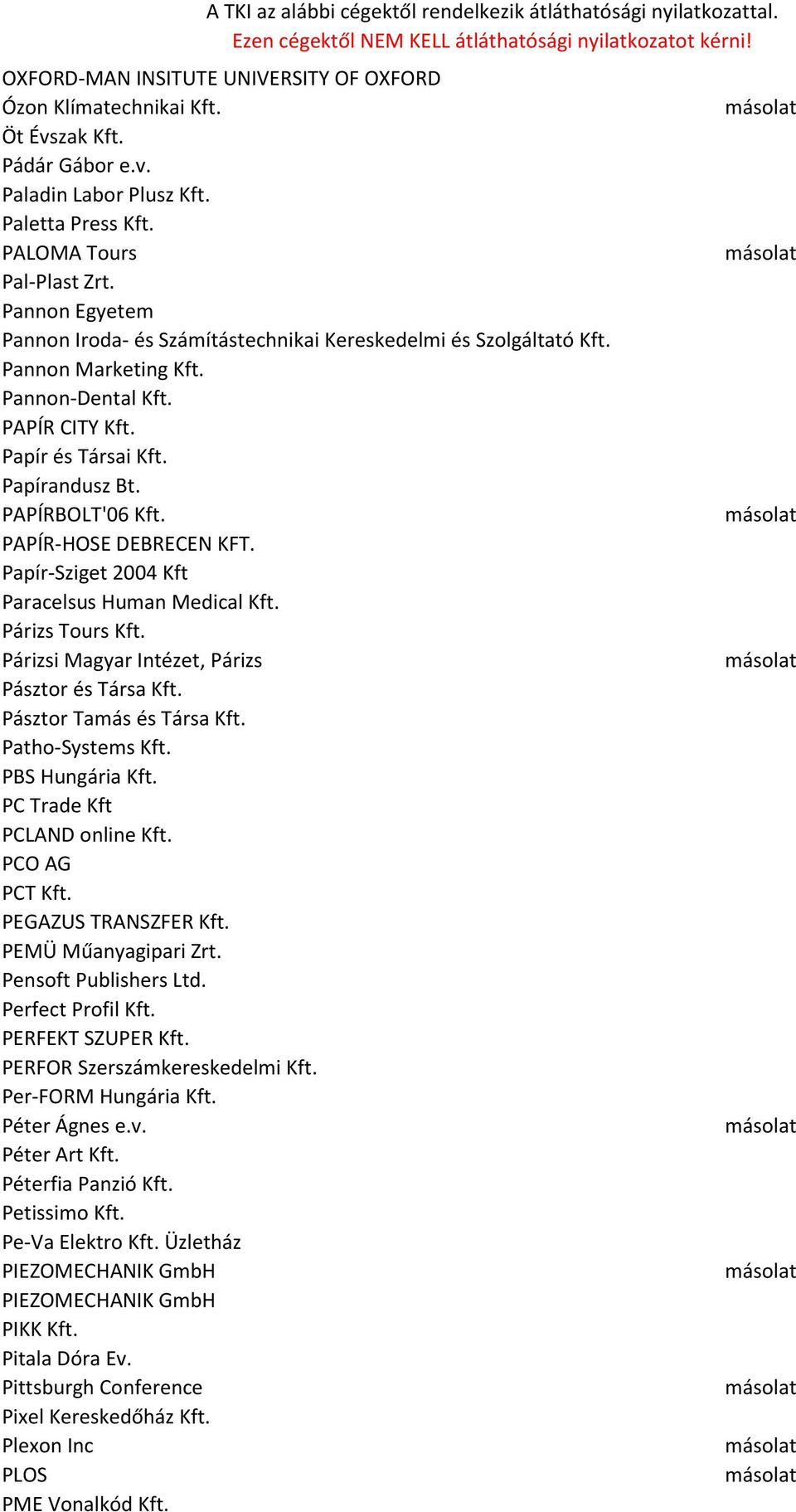PAPÍR-HOSE DEBRECEN KFT. Papír-Sziget 2004 Kft Paracelsus Human Medical Kft. Párizs Tours Kft. Párizsi Magyar Intézet, Párizs Pásztor és Társa Kft. Pásztor Tamás és Társa Kft. Patho-Systems Kft.