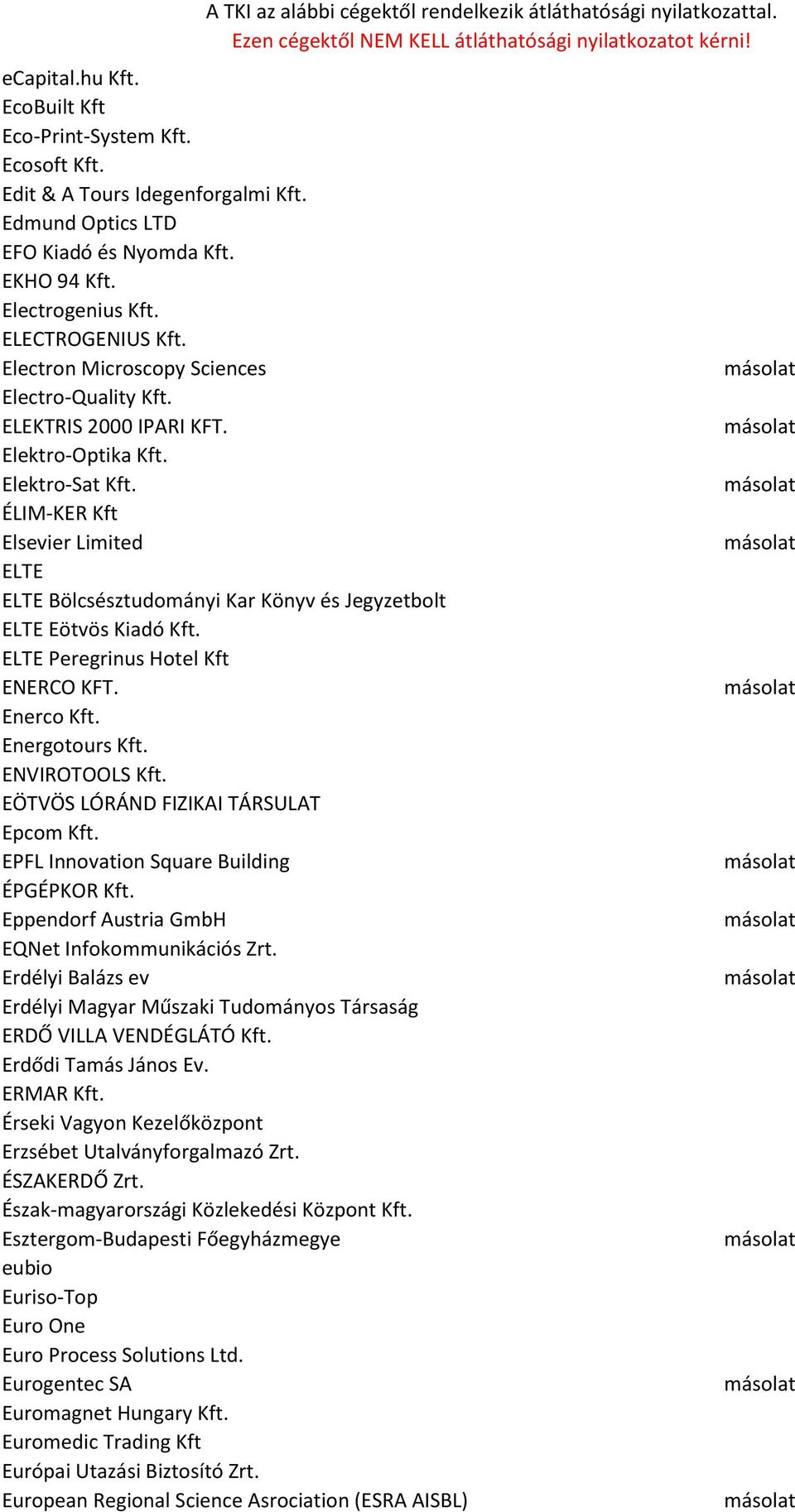 ÉLIM-KER Kft Elsevier Limited ELTE ELTE Bölcsésztudományi Kar Könyv és Jegyzetbolt ELTE Eötvös Kiadó Kft. ELTE Peregrinus Hotel Kft ENERCO KFT. Enerco Kft. Energotours Kft. ENVIROTOOLS Kft.