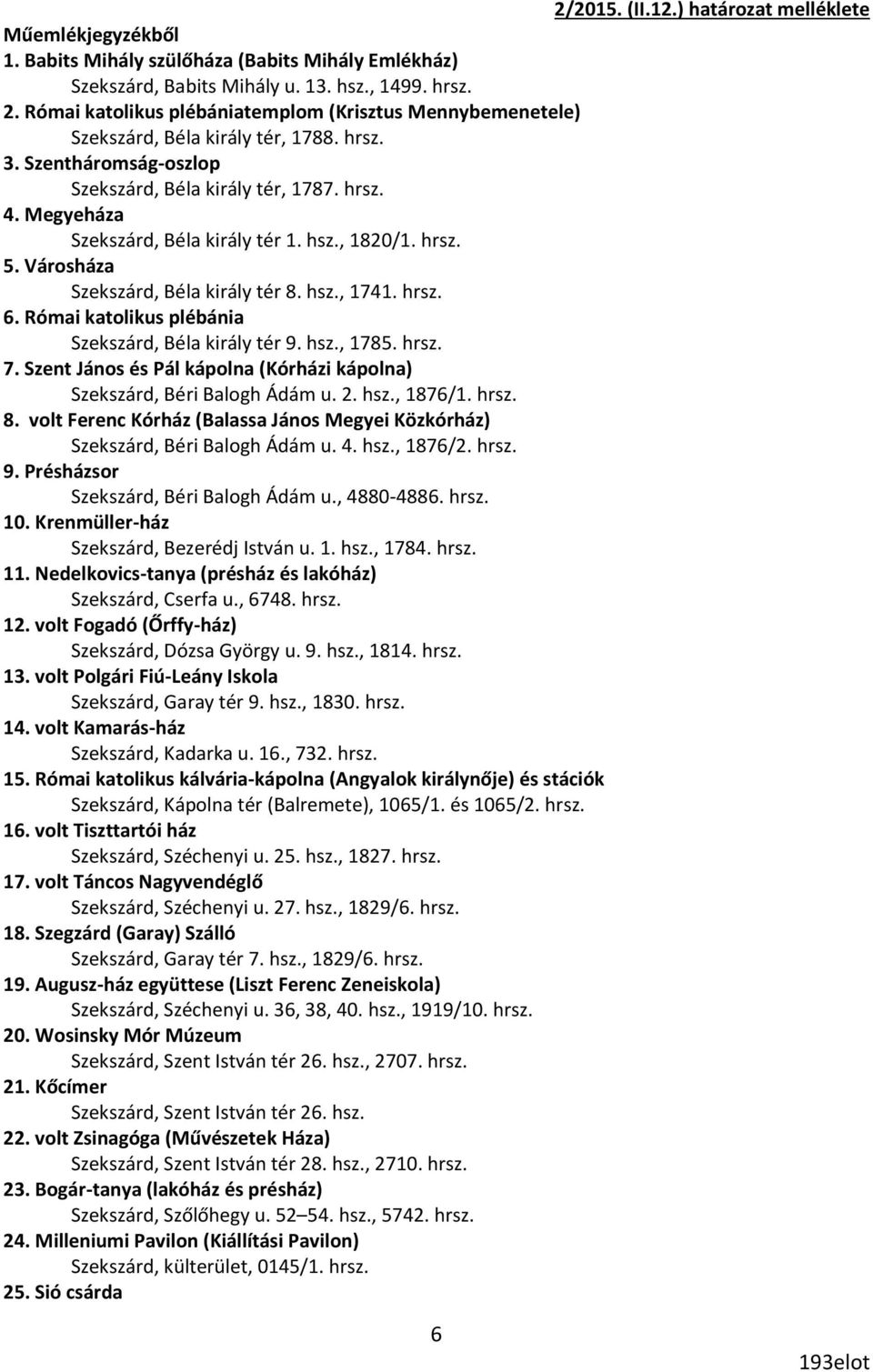 Megyeháza Szekszárd, Béla király tér 1. hsz., 1820/1. hrsz. 5. Városháza Szekszárd, Béla király tér 8. hsz., 1741. hrsz. 6. Római katolikus plébánia Szekszárd, Béla király tér 9. hsz., 1785. hrsz. 7.